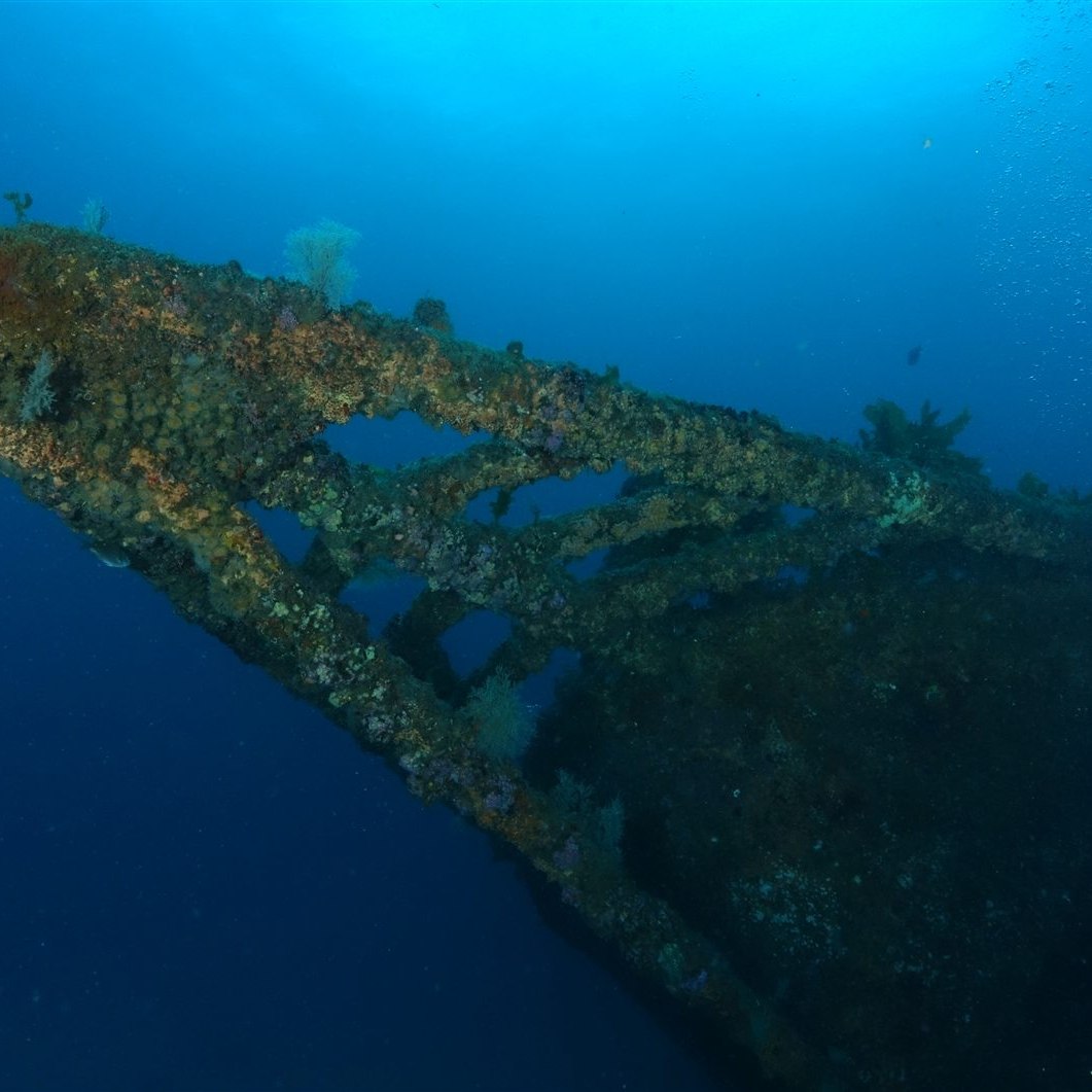 The Rainbow Warrior wreck underwater in the Bay of Islands