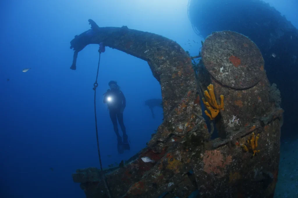 A diver by a lifeboat davit on the HMNZS Canterbury wreck