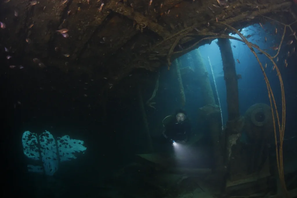 A diver with a torch inside the hold of the Rainbow Warrior wreck, with light through the portholes